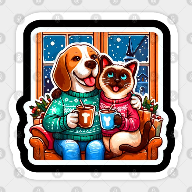 Most Wonderful Time Of The Year Beagle Dog Siamese Cat Ugly Christmas Sweater Hot Chocolate Home Snowing Sticker by Plushism